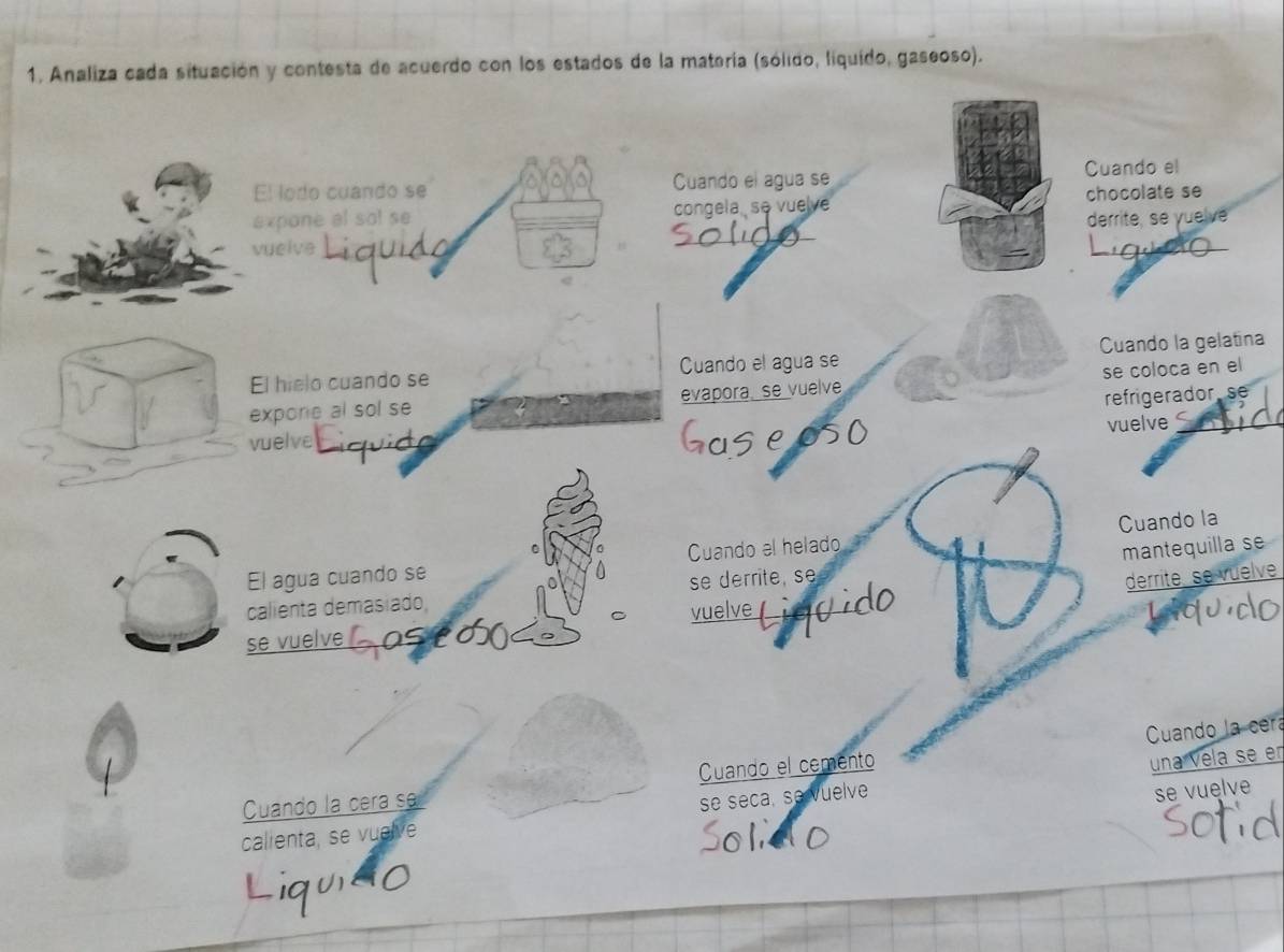 Analiza cada situación y contesta de acuerdo con los estados de la materia (sólido, liquido, gaseoso). 
El lodo cuando se Cuando el agua se Cuando el 
expone al so! se congela, se vuelve chocolate se 
derrite, se yuelve 
vueive 
hielo cuando se Cuando el agua se Cuando la gelatina 
ore al sol se evapora, se vuelve se coloca en el 
lve refrigerador se 
vuelve 
El agua cuando se Cuando el helado Cuando la 
calienta demasiado, se derrite, se mantequilla s 
se vuelve vuelve derrite se vuelve 
Cuando la cera 
Cuando la cera se Cuando el cemento 
una Véla se er 
calienta, se vuelve se seca, se vuelve 
se vuelve