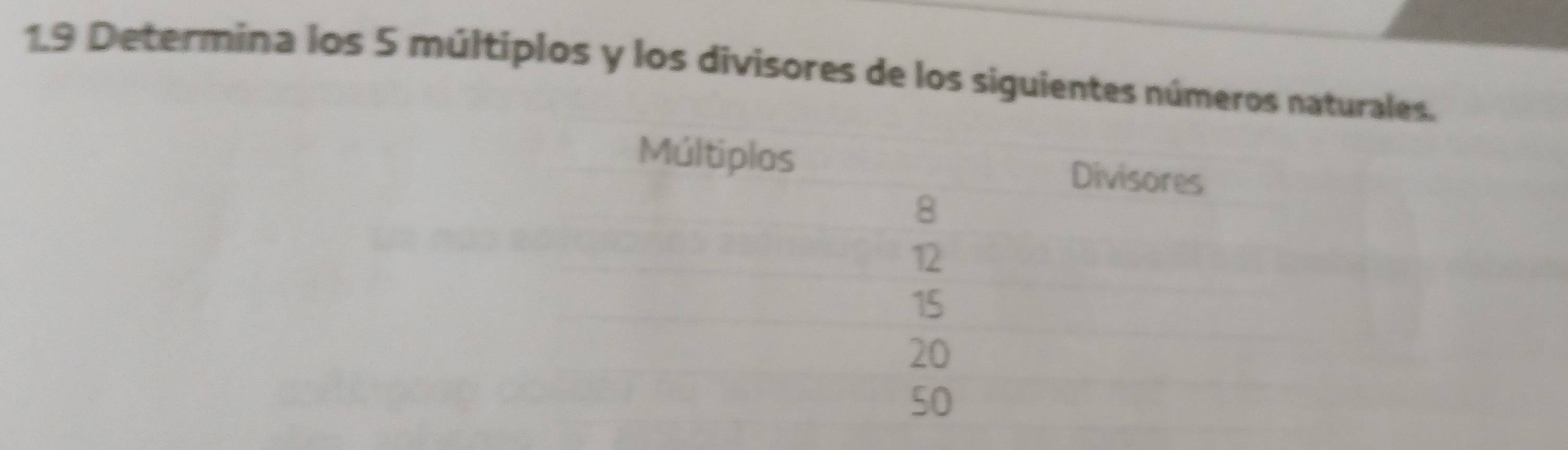 1.9 Determina los 5 múltiplos y los divisores de los siguientes números naturales