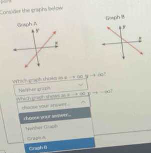 point
Consider the graphs below
Graph A Graph B
Which graph shows as æ oo t - oo?
Neither graph
Which graph shows as æ ∞ 11 to -∞?
choose your answer...
choose your answer...
Neither Graph
Graph A
Graph B