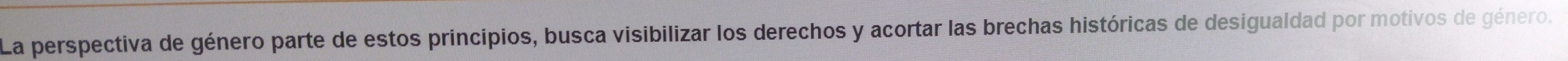 La perspectiva de género parte de estos principios, busca visibilizar los derechos y acortar las brechas históricas de desigualdad por motivos de género.
