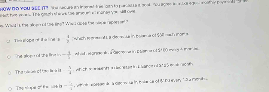 HOW dO YOU SEE IT? You secure an interest-free loan to purchase a boat. You agree to make equal monthly payments for the
next two years. The graph shows the amount of money you still owe.
a. What is the slope of the line? What does the slope represent?
The slope of the line is - 4/5  , which represents a decrease in balance of $80 each month.
The slope of the line is - 4/5  , which represents a decrease in balance of $100 every 4 months.
The slope of the line is - 5/4  , which represents a decrease in balance of $125 each month.
The slope of the line is - 5/4  , which represents a decrease in balance of $100 every 1.25 months.