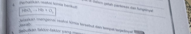 Perhatikan reaksi kimia berikuti 
Il dl dalam getah pankreas dan fungsinyal
HbO_2to Hb+O_2
Jawab: .............. 
Jelaskan mengenai reaksi kimia tersebut dan tempat terjadinya 
.. 
s Sebutkan faktor-faktor yang mem