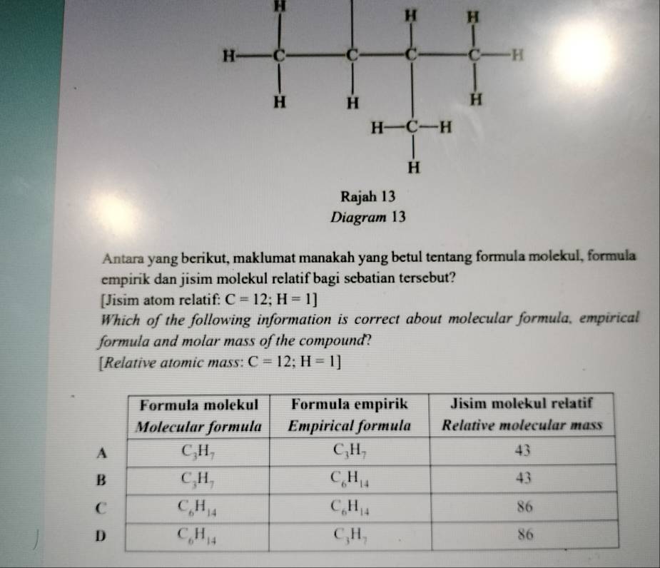 Antara yang berikut, maklumat manakah yang betul tentang formula molekul, formula
empirik dan jisim molekul relatif bagi sebatian tersebut?
[Jisim atom relatif: C=12;H=1]
Which of the following information is correct about molecular formula, empirical
formula and molar mass of the compound?
[Relative atomic mass: C=12;H=1]