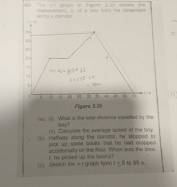 The s-t graph in Figure 2.35 shows the 
displacement, s, of a boy from his classroom 
along a corridor. 

Figure 2.35 
(a) (i) What is the total distance travelled by the 
boy? 
(ii) Calculate the average speed of the boy. 
(b) Halfway along the corridor, he stopped to 
pick up some books that he had dropped . 
accidentally on the floor. When was the time, 
t, he picked up the books? 
(c) Sketch the v-t graph from t=0 to 55 s.