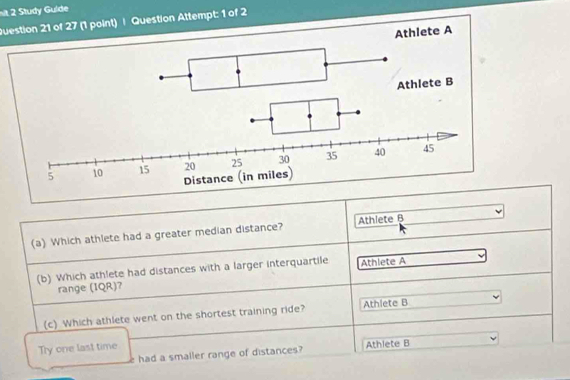 it 2 Study Gulde
Question 21 of 27 (1 point) | Question Attempt: 1 of 2
(a) Which athlete had a greater median distance? Athlete B
(b) Which athlete had distances with a larger interquartile Athlete A
range (IQR)?
(c) Which athlete went on the shortest training ride? Athlete B
Try one last time
had a smaller range of distances? Athlete B