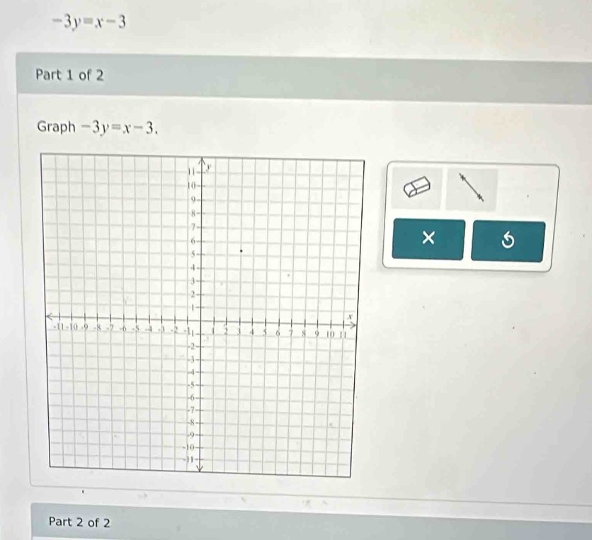 -3y=x-3
Part 1 of 2
Graph -3y=x-3. 
×
Part 2 of 2