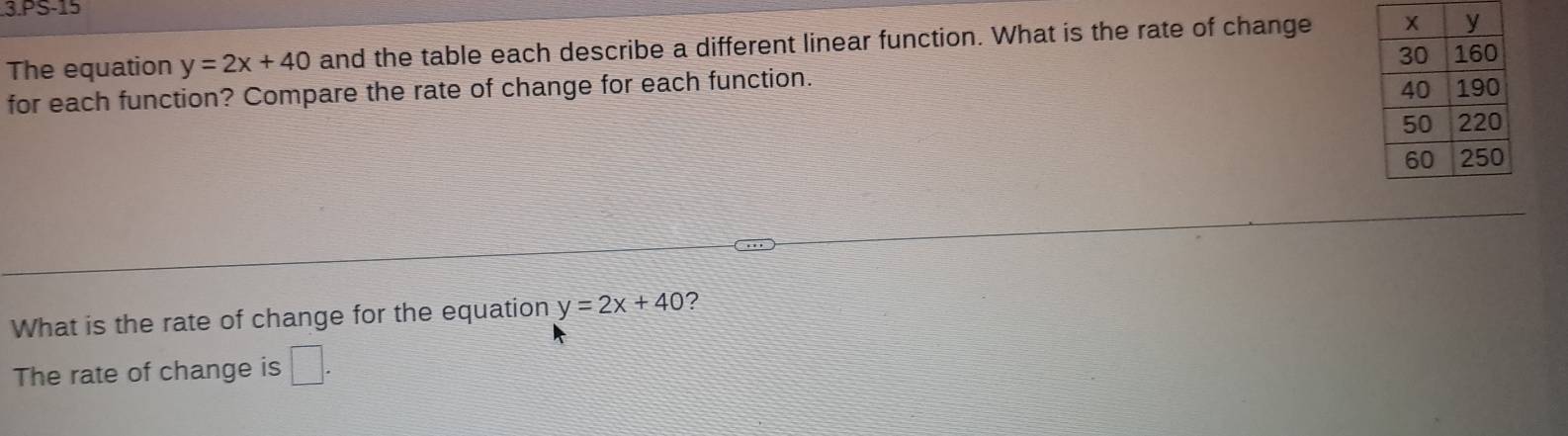 PS-15 
The equation y=2x+40 and the table each describe a different linear function. What is the rate of change 
for each function? Compare the rate of change for each function. 
What is the rate of change for the equation y=2x+40 ? 
The rate of change is □ .