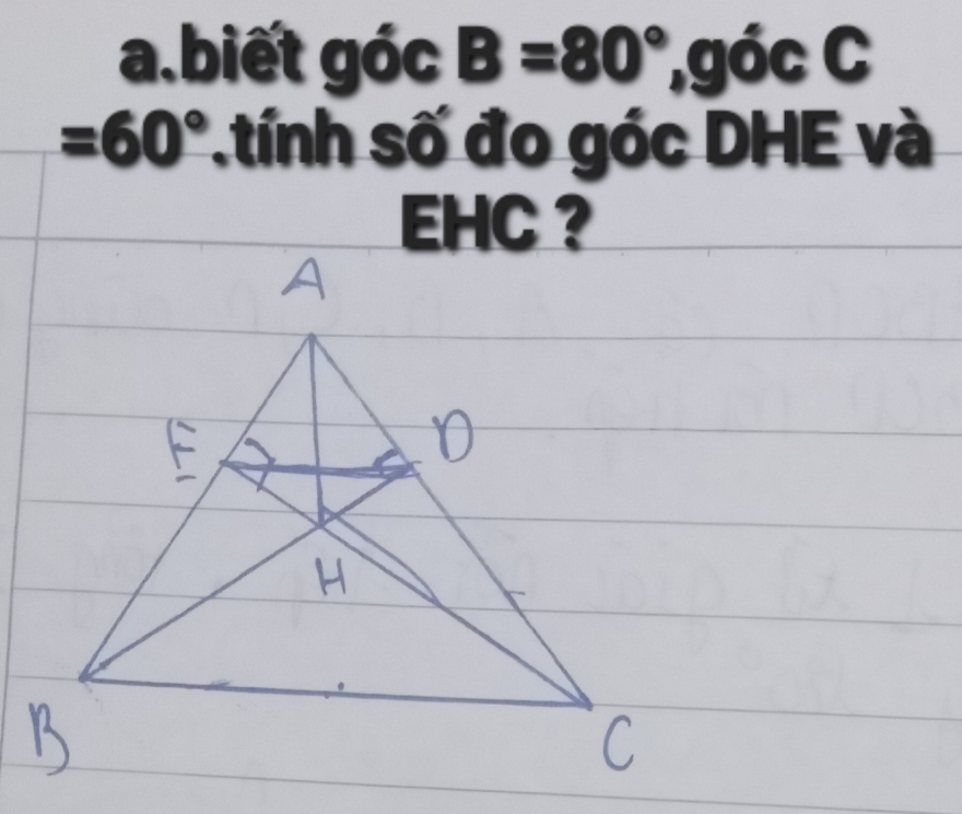 biết góc B=80°, góc :(
=60° sính số đo góc DHE và 
EHC ?