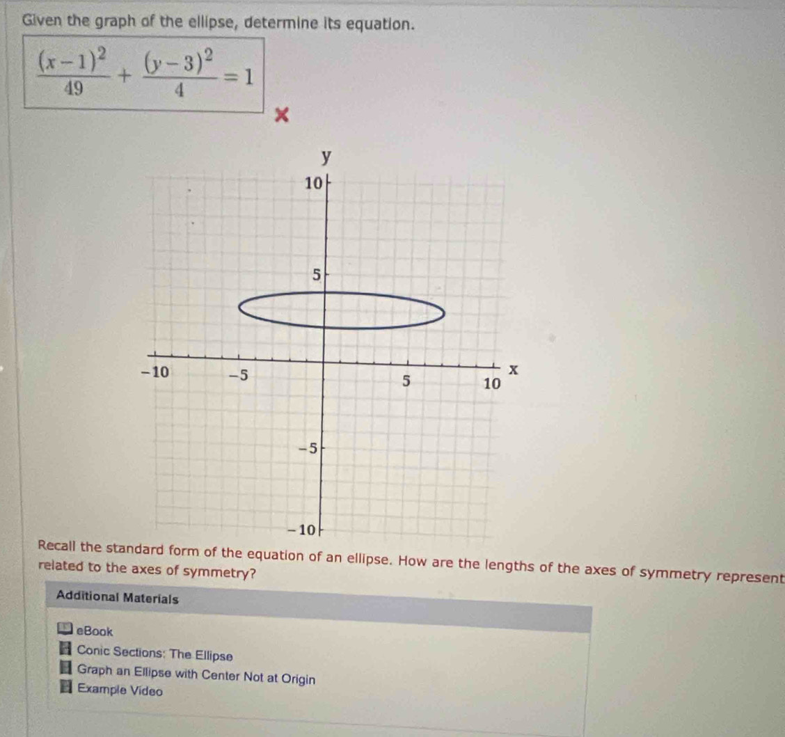 Given the graph of the ellipse, determine its equation.
frac (x-1)^249+frac (y-3)^24=1
× 
Recall the stae equation of an ellipse. How are the lengths of the axes of symmetry represent 
related to the axes of symmetry? 
Additional Materials 
eBook 
Conic Sections: The Ellipse 
Graph an Ellipse with Center Not at Origin 
Example Video