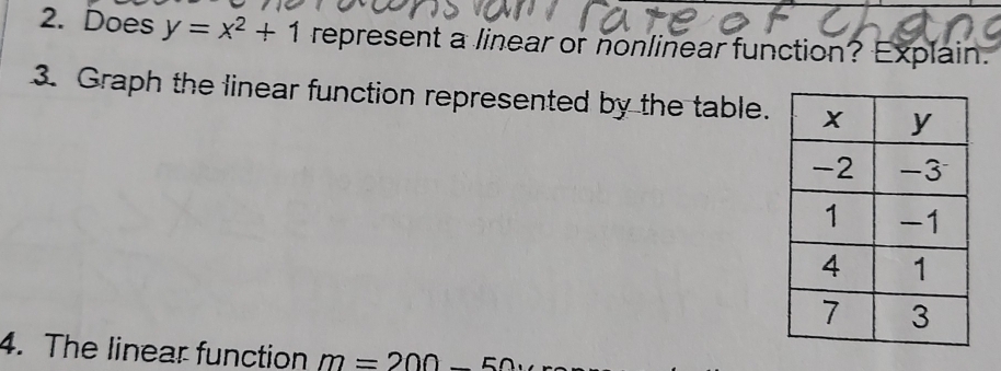 Does y=x^2+1 represent a linear or nonlinear function? Explain. 
3. Graph the linear function represented by the table. 
4. The linear function m=200-50