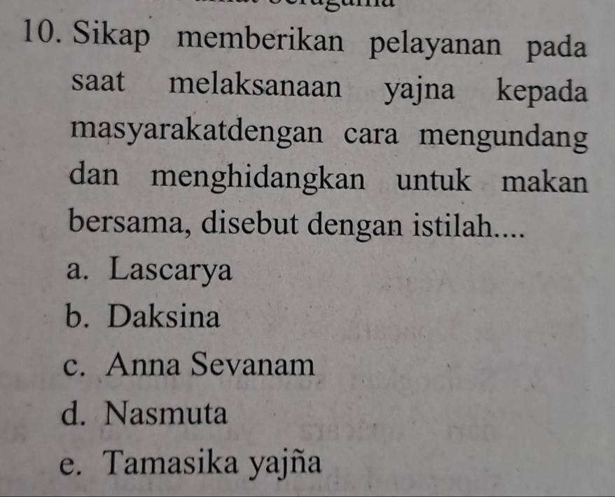 Sikap memberikan pelayanan pada
saat melaksanaan yajna kepada
masyarakatdengan cara mengundang
dan menghidangkan untuk makan
bersama, disebut dengan istilah....
a. Lascarya
b. Daksina
c. Anna Sevanam
d. Nasmuta
e. Tamasika yajña