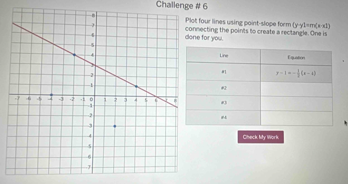 Challenge # 6
four lines using point-slope form (y-y1=m(x-x1)
necting the points to create a rectangle. One is
e for you.
Check My Work