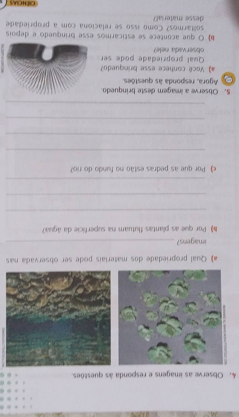 Observe as imagens e responda às questões. 
a) Qual propriedade dos materiais pode ser observada nas 
imagens?_ 
b) Por que as plantas flutuam na superfície da água? 
_ 
_ 
_ 
c) Por que as pedras estão no fundo do rio? 
_ 
_ 
_ 
_ 
5. Observe a imagem deste brinquedo. 
a Agora, responda às questões. 
a) Você conhece esse brinquedo? 
Qual propriedade pode ser 
observada nele? 
b) O que acontece se esticarmos esse brinquedo e depois 
soltarmos? Como isso se relaciona com a propriedade 
desse material? 
ciências