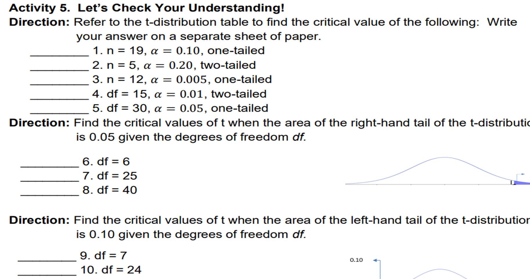 Activity 5. Let's Check Your Understanding! 
Direction: Refer to the t-distribution table to find the critical value of the following: Write 
your answer on a separate sheet of paper. 
_1. n=19, alpha =0.10 , one-tailed 
_2. n=5, alpha =0.20 , two-tailed 
_3. n=12, alpha =0.005 , one-tailed 
_4. df=15, alpha =0.01 , two-tailed 
_5. df=30, alpha =0.05 , one-tailed 
Direction: Find the critical values of t when the area of the right-hand tail of the t -distributic 
is 0.05 given the degrees of freedom df. 
_6. df=6
_7. df=25
_8. df=40
Direction: Find the critical values of t when the area of the left-hand tail of the t-distribution 
is 0.10 given the degrees of freedom df. 
_9. df=7 0.10
_10. df=24