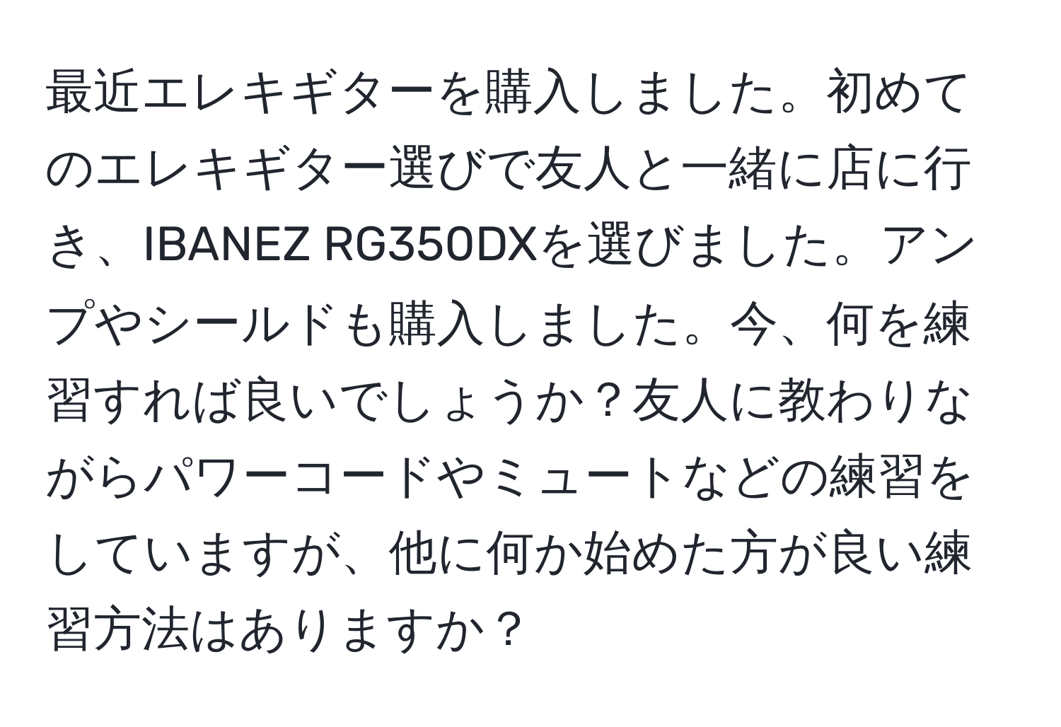 最近エレキギターを購入しました。初めてのエレキギター選びで友人と一緒に店に行き、IBANEZ RG350DXを選びました。アンプやシールドも購入しました。今、何を練習すれば良いでしょうか？友人に教わりながらパワーコードやミュートなどの練習をしていますが、他に何か始めた方が良い練習方法はありますか？