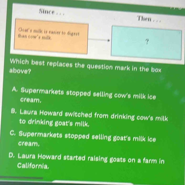 Since . . .
Then .._
Goat's milk is easier to digest
than cow's milk.
?
Which best replaces the question mark in the box
above?
A. Supermarkets stopped selling cow's milk ice
cream,
B. Laura Howard switched from drinking cow's milk
to drinking goat's milk.
C. Supermarkets stopped selling goat's milk ice
cream.
D. Laura Howard started raising goats on a farm in
California,