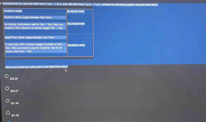 Knowing that you use 245 KWH from 7 a.m. - 7 p.m. and 165 KWH from 7 p.m. - 7 a.m., answer the following question using the chart below.
How much would you have paid on the NightTimer plan?
$22.08
$22.37
$21.65
$21.83