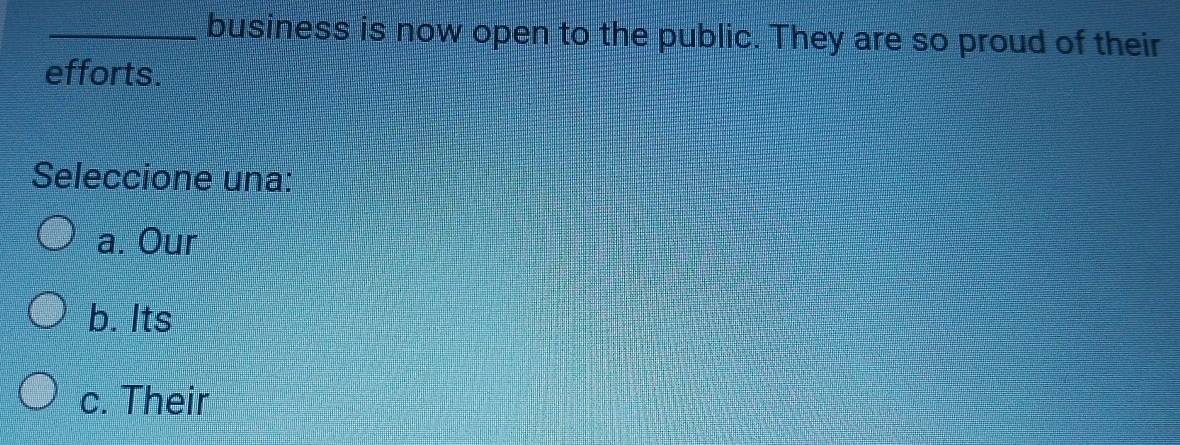 business is now open to the public. They are so proud of their
efforts.
Seleccione una:
a. Our
b. Its
c. Their