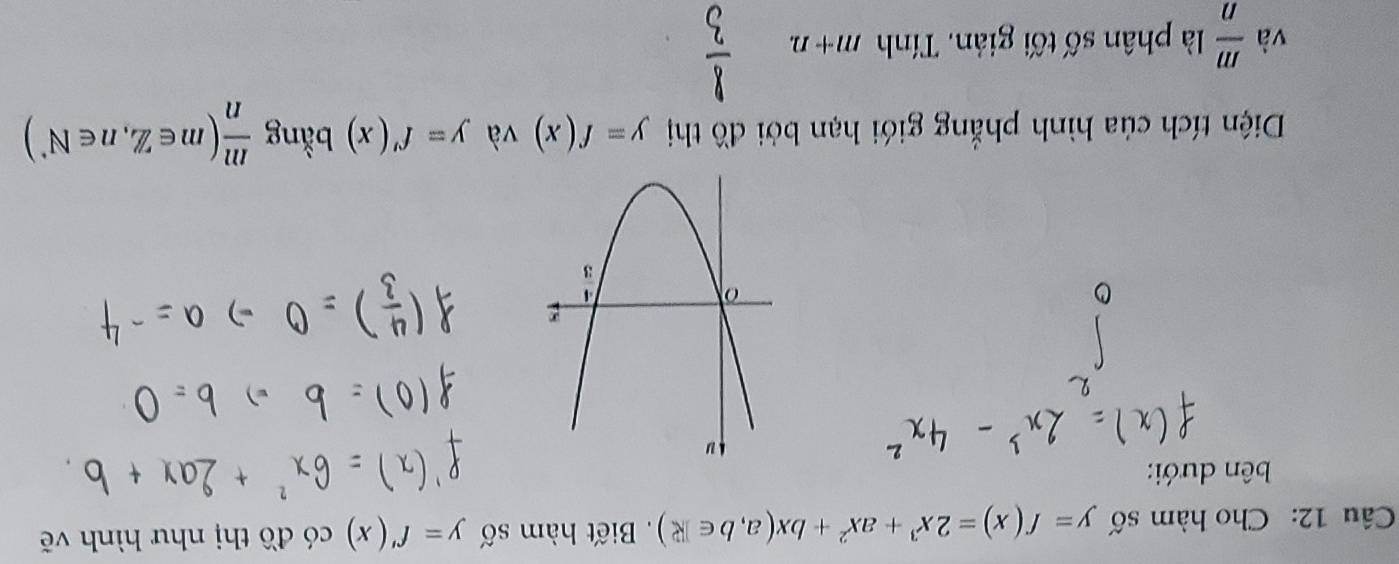 Cho hàm số y=f(x)=2x^3+ax^2+bx(a,b∈ R). Biết hàm số y=f'(x) có đồ thị như hình vẽ 
bên dưới: 
Diện tích của hình phẳng giới hạn bởi đồ thị y=f(x) và y=f'(x) bằng  m/n (m∈ Z,n∈ N^*)
và  m/n  là phân số tối giản. Tính m+n