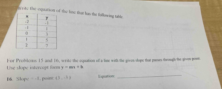 Write the equation of the line that has the following table. 
For Problems 15 and 16, write the equation of a line with the given slope that passes through the given point. 
Use slope intercept form y=mx+b. 
16. Slope =-1 , point: (3,-3) Equation: 
_