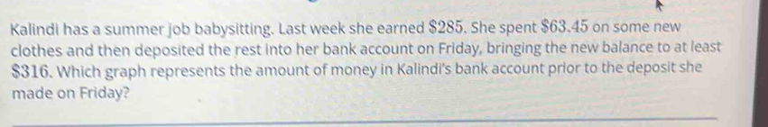 Kalindi has a summer job babysitting. Last week she earned $285. She spent $63.45 on some new 
clothes and then deposited the rest into her bank account on Friday, bringing the new balance to at least
$316. Which graph represents the amount of money in Kalindi's bank account prior to the deposit she 
made on Friday?