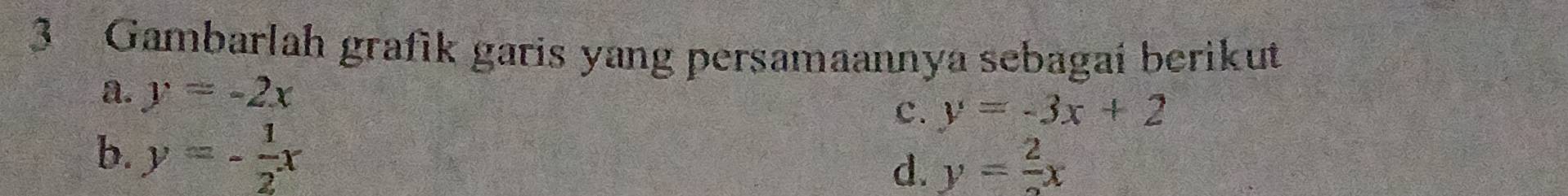 Gambarlah grafik garis yang persamaannya sebagai berikut
a. y=-2x
c. y=-3x+2
b. y=- 1/2 x
d. y= 2/2 x