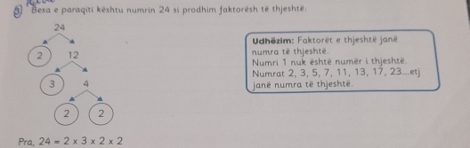 8'Besa e paraqiti kështu numrin 24 si prodhim faktorësh të thjeshtë 
Udhëzim: Faktorët e thjeshtë janë 
numra të thjeshtë. 
Numri 1 nuk është numër i thjeshtë. 
Numrat 2, 3, 5, 7, 11, 13, 17, 23...etj 
janë numra të thjeshte. 
Pra, 24=2* 3* 2* 2