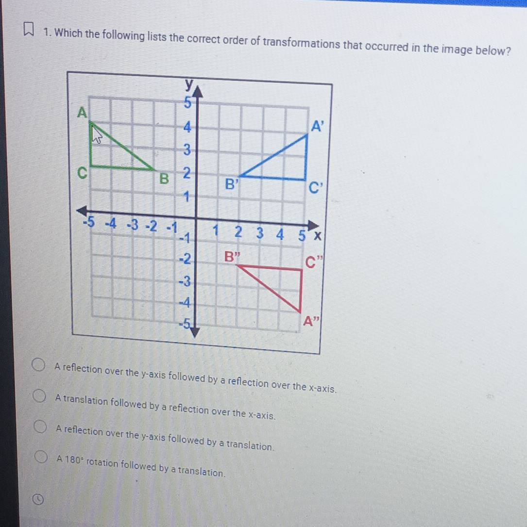 Which the following lists the correct order of transformations that occurred in the image below?
A reflection over the y-axis followed by a reflection over the x-axis.
A translation followed by a reflection over the x-axis.
A reflection over the y-axis followed by a translation.
A 180° rotation followed by a translation.