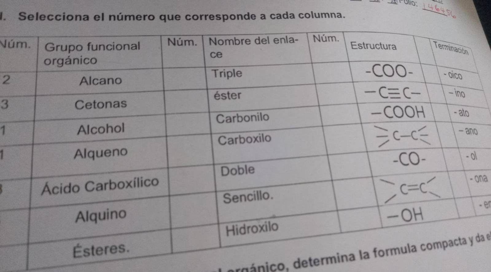 Folio:
l. Selecciona el número que corresponde a cada columna.
_
SC
Nú
2
3
1
na
- er
drdánico, determda e