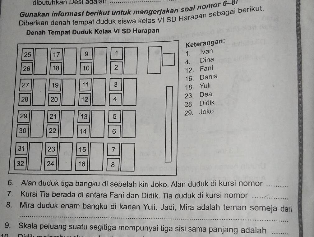 dibutuhkan Desi ádaián
Gunakan informasi berikut untuk mengerjakan soal nomor 6-8!
Diberikan denah tempat duduk siswa kelas VI SD Harapan sebagai berikut.
Denah Tempat Duduk Kelas VI SD Harapan
terangan:
Ivan
Dina. Fani. Dania. Yuli. Dea
Didik
Joko
6. Alan duduk tiga bangku di sebelah kiri Joko. Alan duduk di kursi nomor_
7. Kursi Tia berada di antara Fani dan Didik. Tia duduk di kursi nomor_
_
8. Mira duduk enam bangku di kanan Yuli. Jadi, Mira adalah teman semeja dari
9. Skala peluang suatu segitiga mempunyai tiga sisi sama panjang adalah_