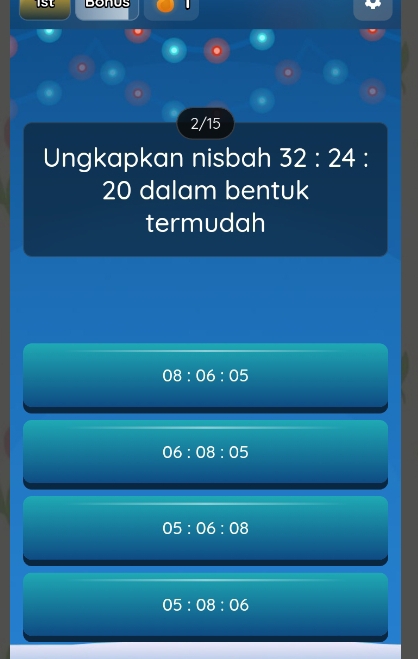 1st
2/15
Ungkapkan nisbah 32:24 :
20 dalam bentuk
termudah
08:06:05
06:08:05
05:06:08
05:08:06