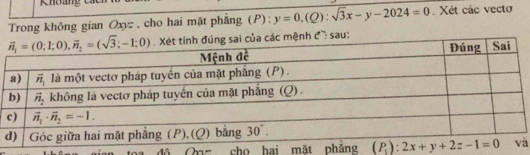 Trong không gian Oxyz , cho hai mặt phẳng (P): y=0,(Q):sqrt(3)x-y-2024=0. Xét các vectơ
h đ sau:
đô Orz cho hai à