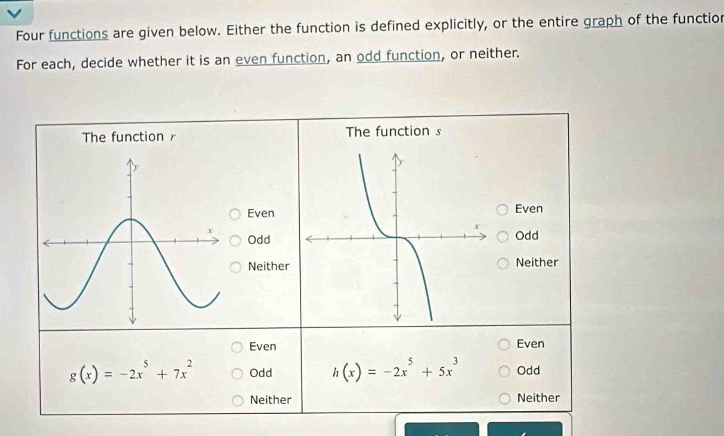 Four functions are given below. Either the function is defined explicitly, or the entire graph of the functior
For each, decide whether it is an even function, an odd function, or neither.
ction The function s
EvenEven
OddOdd
NeitherNeither
Even Even
g(x)=-2x^5+7x^2 Odd h(x)=-2x^5+5x^3 Odd
Neither Neither