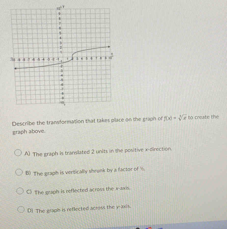 Describe the transformation that takes place on the graph of f(x)=sqrt[3](x) to create the
graph above.
A) The graph is translated 2 units in the positive x-direction.
B) The graph is vertically shrunk by a factor of ½.
C) The graph is reflected across the x-axis.
D) The graph is reflected across the y-axis.