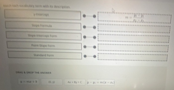 Aurch each vocabulary term with its description. 
y-Intercept
m=frac V_1-V_1Omega -R_2-R_2
Siope Formula 
Slope-Intercept Form 
Point-Slope Form 
Standard Form 
DRAG & DROP THE ANSWER
y=mx+b (0,y) Ax+By=C y-y_1=m(x-x_1)