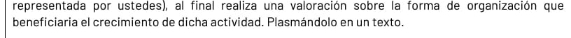 representada por ustedes), al final realiza una valoración sobre la forma de organización que 
beneficiaria el crecimiento de dicha actividad. Plasmándolo en un texto.