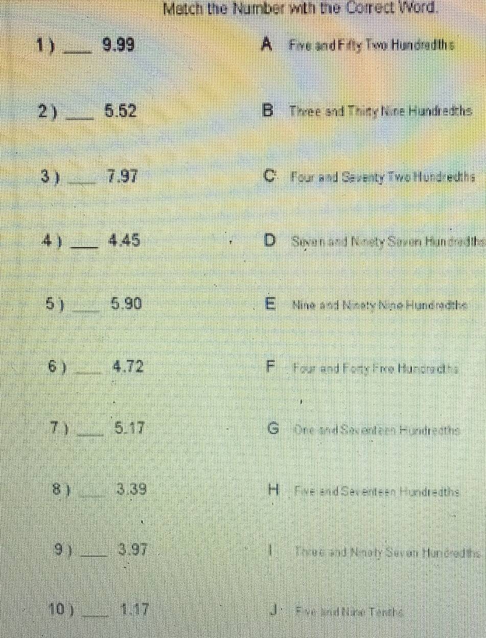 Match the Number with the Comect Word.
1) _9. 99 A Five and Fifty Two Hundredths
2 ) _5. 52 B Three and Thity Nine Hundredths
3 ) _7. 97 C. Four and Seventy Two Hundredths
4 ) _4. 45 Seven and Ninety Seven Hundredths
D
5 ) _5. 90 Nine and Ninsty Nine Hundrad the
6) _4. 72 Four and Forty Fie Hundracths
F 
7 ) _5. 17 One and Secenteen Hundredths
8 ) _ 3.39 H Fiverand Seventeen Hundredths
9 ) _ 3.97 4 Thre e and Ninoty Sev en Hundred ths
10 )_ 1. 17 J·Five and Nine Tenths