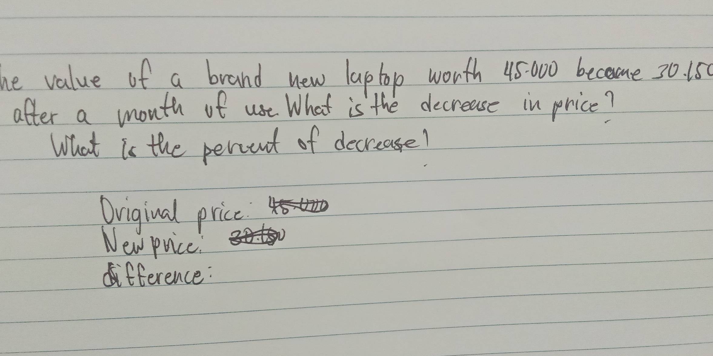 he value of a brand new laptop worth 45:00 becamse 30. 15
after a month of use What is the decrease in price?
What is the percent of decrease!
Oviginal price
New price
dfference: