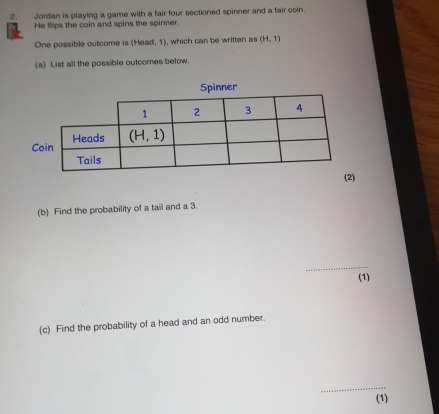 Jordan is playing a game with a fair four sectioned spinner and a fair coin.
He flips the coin and spins the spinner.
One possible outcome is (Head, 1), which can be written as (H,1)
(a) List all the possible outcomes below.
Spinner
(b) Find the probability of a tail and a 3.
_
(1)
(c) Find the probability of a head and an odd number.
_
(1)