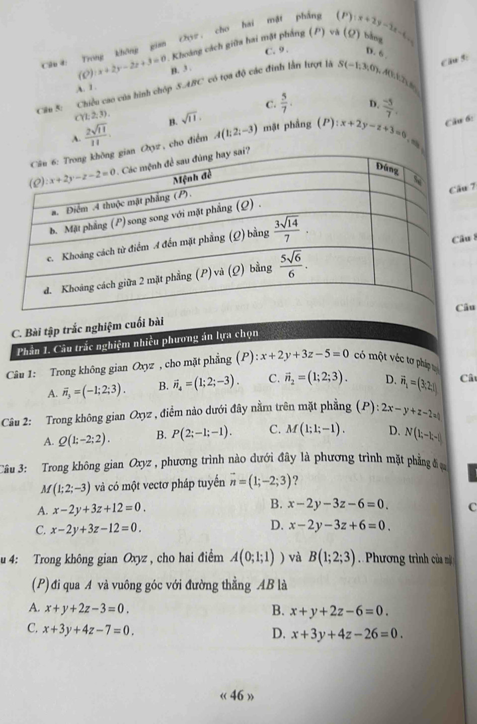 (O):x+2y-2z+3=0 0. Khoảng cách giữa hai mặt phẳng (P) và (Q) bằng beginpmatrix p):x+2y-2z-6=0
Câu 4: Trong không gian Oyz, cho hai mặt phẳng
C. 9 .
D. 6 .
Cầu S:
B. 3 .
A. 1 .
Câu 5: Chiều cao của hình chóp S.ABC có tọa độ các đinh lần lượt là S(-1;3;0) ACADc
C.  5/7 .  (-5)/7 .
D.
C(1;2;3).
A.  2sqrt(11)/11 . B. sqrt(11).
yz , cho điểm A(1;2;-3) mật phầng (P): x+2y-z+3=0 Câu 6:
D
7
u 8
u
C. Bài tập trắc nghiệm cuối bài
Phần 1. Câu trắc nghiệm nhiều phương án lựa chọn
Câu 1: Trong không gian Oxyz , cho mặt phẳng (P): x+2y+3z-5=0 có một véc tơ pháp
A. vector n_3=(-1;2;3). B. vector n_4=(1;2;-3). C. vector n_2=(1;2;3). D. vector n_1=(3;2;1) Cât
Câu 2: Trong không gian Oxyz , điểm nào dưới đây nằm trên mặt phẳng (P): 2x-y+z-2=0
A. Q(1;-2;2). B. P(2;-1;-1). C. M(1;1;-1). D. N(1;-1;-1)
Câu 3: Trong không gian Oxyz , phương trình nào dưới đây là phương trình mặt phẳng di qu
M(1;2;-3) và có một vectơ pháp tuyển vector n=(1;-2;3) ?
A. x-2y+3z+12=0. B. x-2y-3z-6=0. C
C. x-2y+3z-12=0.
D. x-2y-3z+6=0.
u 4: Trong không gian Oxyz , cho hai điểm A(0;1;1)) và B(1;2;3) Phương trình của mộ 
(P) đi qua A và vuông góc với đường thẳng AB là
A. x+y+2z-3=0. B. x+y+2z-6=0.
C. x+3y+4z-7=0.
D. x+3y+4z-26=0.
« 46 »