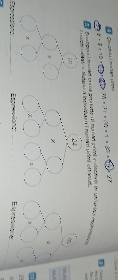 Circonda i numeri primi.
8· 9· 10· CF 26· 21· 30· 1· 33· (-9· 27
a 
fs 
5. Scomponi i numeri come prodotto di numerí primi e riscrivili in un unica espressone
l cerchi celesti ti aiutanndividuare i numeri primí ottenuti,
3
4
M
a □ 
beginarrayr 60 *  hline □ endarray □ * □
frac □  1
2
_
Espressione:_ Espressione: _Espressione: