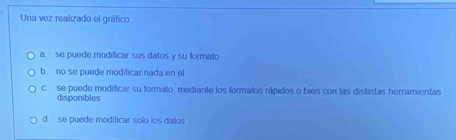 Una vez realizado el gráfico...
a. se puede modificar sus datos y su formato
b. no se puede modificar nada en el
c. se puede modificar su formato, mediante los formatos rápidos o bien con las distintas herramientas
disponibles
d. se puede modificar solo los datos