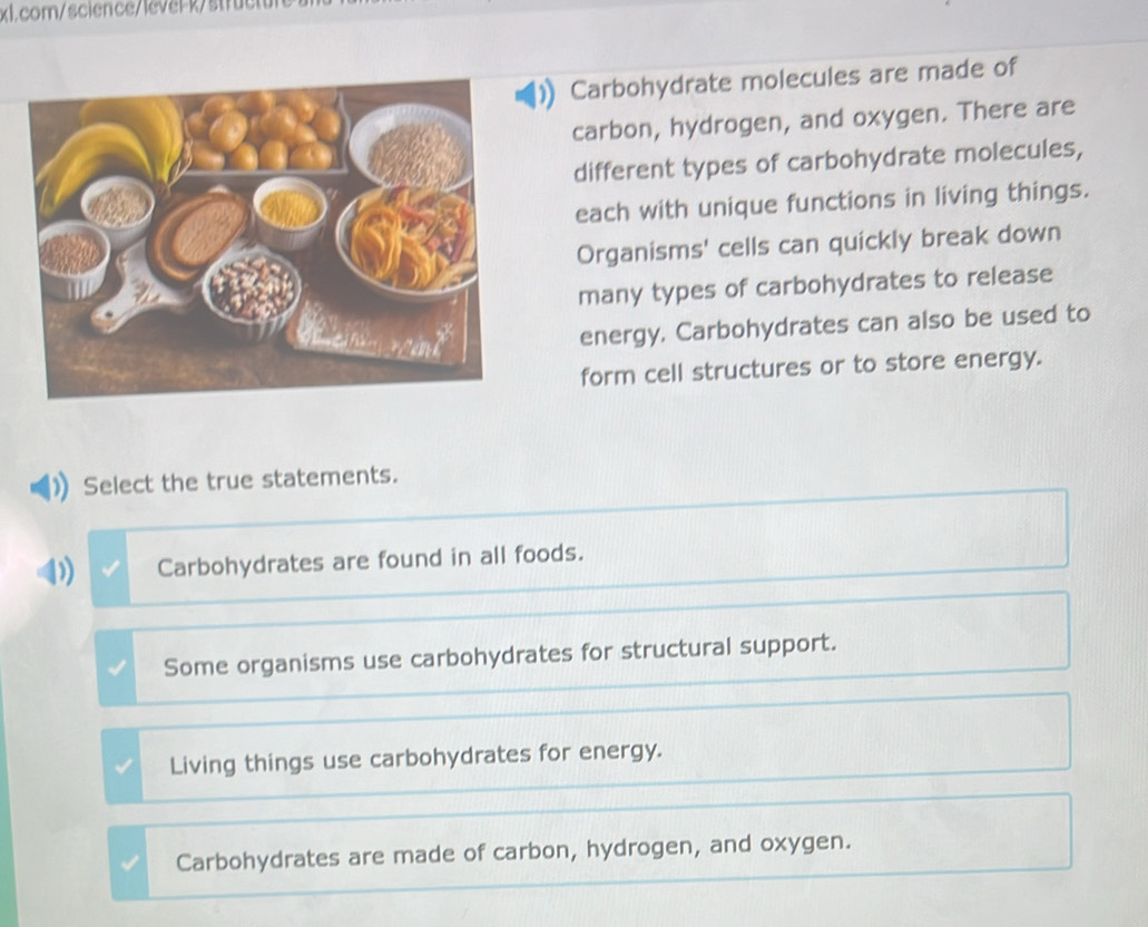 k/structul
Carbohydrate molecules are made of
carbon, hydrogen, and oxygen. There are
different types of carbohydrate molecules,
each with unique functions in living things.
Organisms' cells can quickly break down
many types of carbohydrates to release
energy. Carbohydrates can also be used to
form cell structures or to store energy.
Select the true statements.
Carbohydrates are found in all foods.
Some organisms use carbohydrates for structural support.
Living things use carbohydrates for energy.
Carbohydrates are made of carbon, hydrogen, and oxygen.