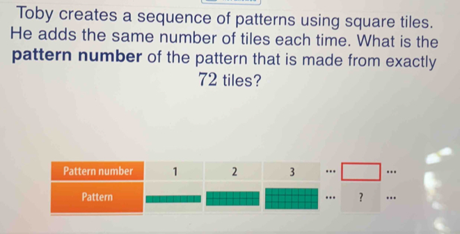 Solved: Toby creates a sequence of patterns using square tiles. He adds ...
