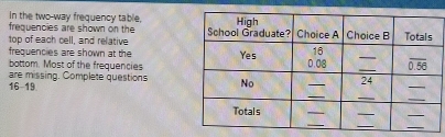 In the two-way frequency table, 
frequencies are shown on the 
top of each cell, and relative
frequencies are shown at the 
bottom. Most of the frequencies
are missing. Complete questions
16-19