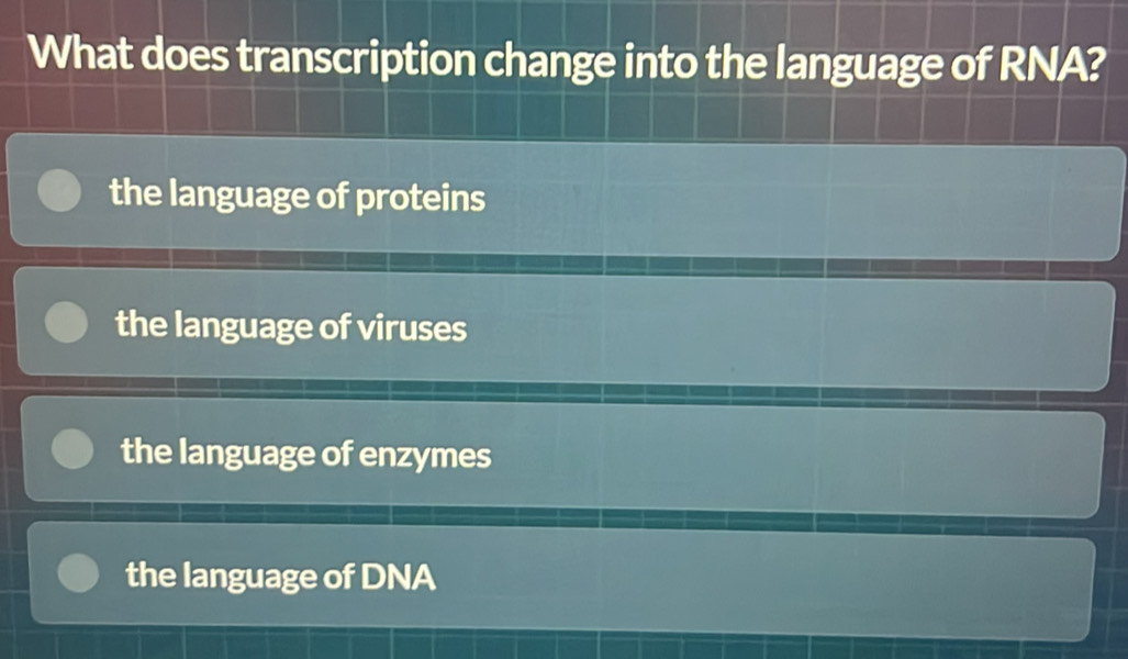 What does transcription change into the language of RNA?
the language of proteins
the language of viruses
the language of enzymes
the language of DNA