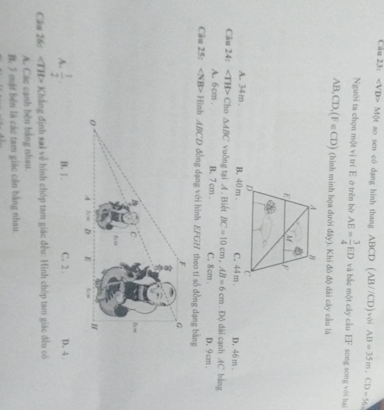 Cau 23: ∠ VD> Một ao sen có dạng hình thang ABCD (AB//CD) vái AB=35m, CD=56m
Người ta chọn một vị trí E ở trên bờ AE= 3/4 ED và bắc một cây cầu EF song song với hai
AB, CD, (F∈ CD) (hình minh họa dưới đãy). Khi đó độ dài cây cầu là
A. 34m. B. 40 m. C. 44 m. D, 46 m.
Câu 24: ∠ TH> Cho △ ABC vuỡng tại A. Biết BC=10cm, AB=6cm. Độ dài cạnh AC bằng
A. 6cm. B. 7 cm. C. 8cm. D. 9cm.
Câu 25: ∠ NB> Hình ABCD đồng dạng với hình EFGH theo ti số đồng dạng bằng
A.  1/2 . B. 1. C. 2. D. 4.
Câu 26s ∠ TH> Khẳng định sai về hình chóp tam giác đều: Hình chóp tam giác đều có
A. Các cạnh bên bảng nhau.
B. 3 mật bên là các tam giác cần bằng nhau.
