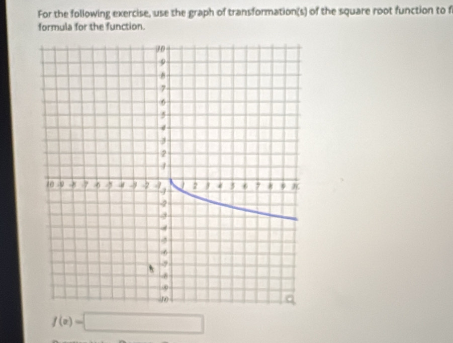 For the following exercise, use the graph of transformation(s) of the square root function to f
formula for the function.
f(x)=□