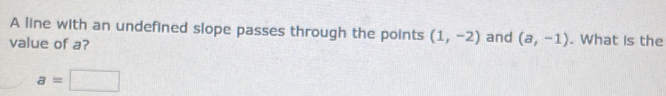 A line with an undefined slope passes through the points (1,-2)
value of a? and (a,-1). What is the
a=□