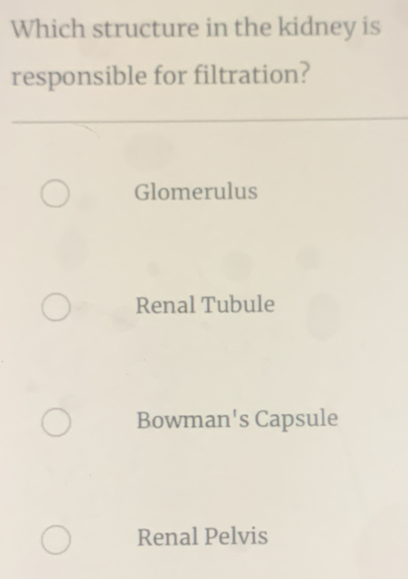 Which structure in the kidney is
responsible for filtration?
Glomerulus
Renal Tubule
Bowman's Capsule
Renal Pelvis